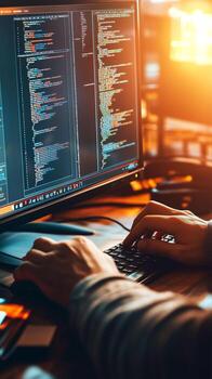 Digital forensic expert analyzes code while working at a tech facility in the evening photo