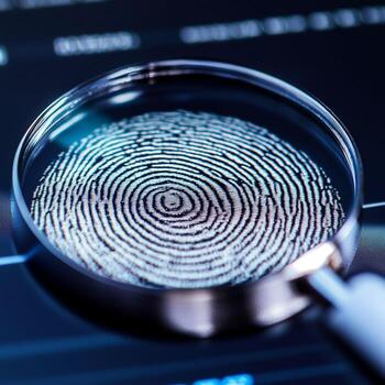 Magnified view of a fingerprint displayed on a computer screen with a magnifying glass photo