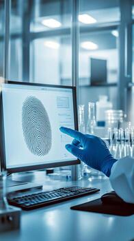 Forensic expert analyzes fingerprint data on computer in lab photo
