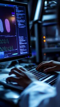 Close-up view of a computer monitor displaying biometric data analysis with a person typing photo