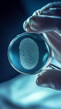Forensic scientist examines fingerprint under magnifying glass in laboratory setting photo