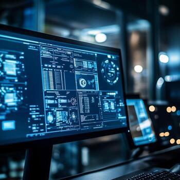 Close-up view of a hacker workspace with multiple screens displaying data analysis photo