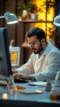 Digital forensics expert conducts analysis in a modern lab setting during evening hours photo