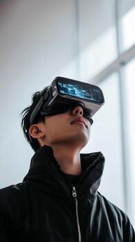 Engineer uses augmented reality goggles for assembly tasks in a modern workspace photo