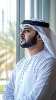 Middle Eastern software developer coding quietly at his workspace with a city view photo