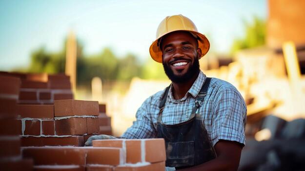 Smiling bricklayer showcasing skill while working on a construction site in daylight photo
