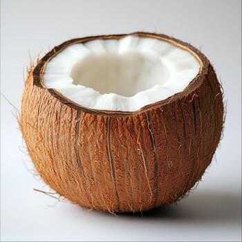 Fresh coconut half resting on a plain background showcasing its fibrous outer shell and smooth inner flesh photo