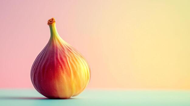 Fig with vibrant skin sits on a pastel surface against a soft gradient background in a calm setting photo