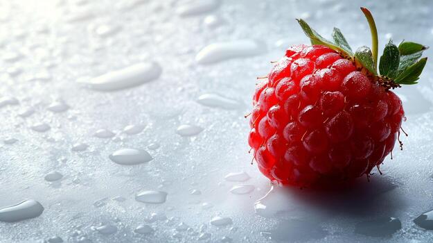 Fresh raspberry on a reflective surface with water droplets captured in soft natural light photo