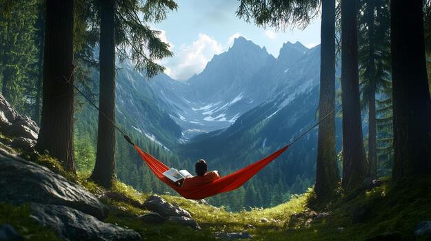 Relaxing in a hammock surrounded by mountains and trees while reading a book photo