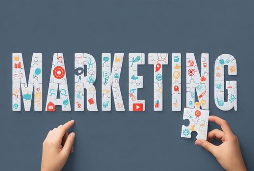 márketing palabra hecho de rompecabezas piezas con iconos, retenida por manos, simbolizando negocio estrategia y crecimiento foto