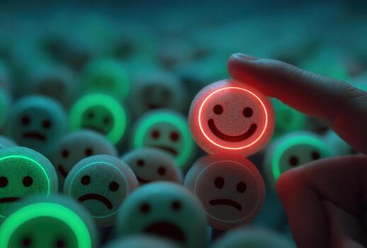A finger highlights a glowing happy face among many other faces with different emotions, representing customer sentiment photo