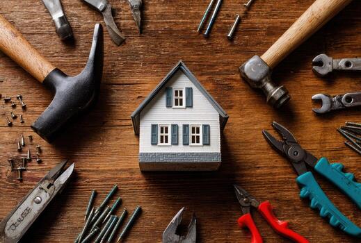 Miniature house surrounded by various tools and hardware on a wooden surface, representing home repair and construction photo