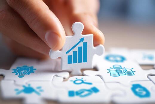 A hand places a puzzle piece with a growth chart icon onto a larger puzzle, symbolizing business strategy and success photo