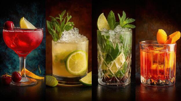 Selection of sophisticated cocktails in elegant glasses with garnishes and ice, set against a dark background photo
