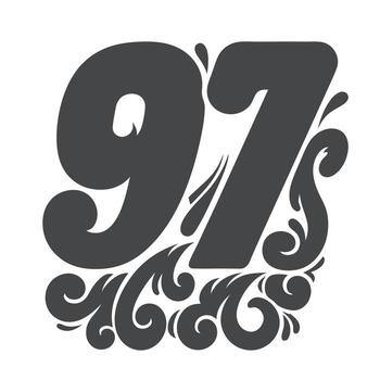 elegante noventa y siete número diseño aislado en blanco fondo, ideal para aniversarios y cumpleaños con decorativo remolino elementos para invitaciones vector