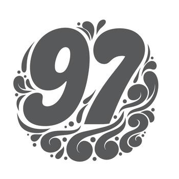 Stylized number ninetyseven with decorative swirls and dots, creating a vintage and artistic design isolated on white background vector