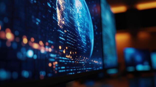 Global data network displayed on multiple screens photo