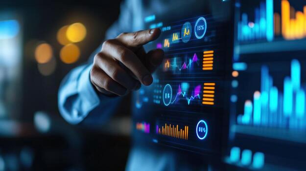 persona interactuando con un digital tablero mostrando datos visualizaciones foto