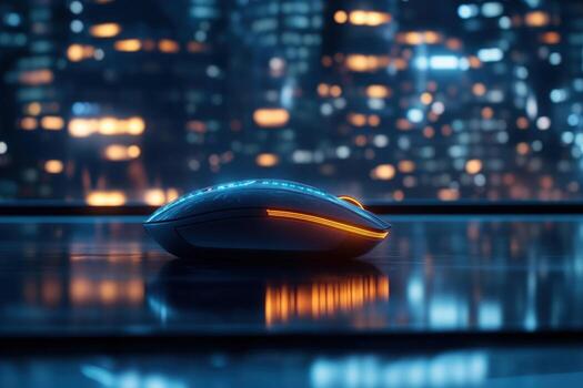Modern wireless computer mouse on a reflective surface with city lights in the background photo