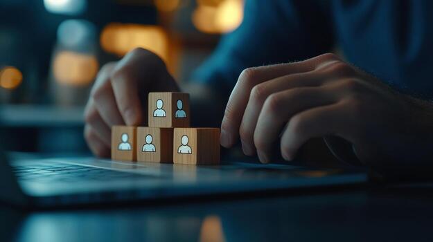 Hands arranging small wooden blocks with person icons, creating a hierarchical structure, on a laptop keyboard photo