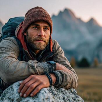Traveler enjoying a moment of reflection in beautiful mountain landscape photo
