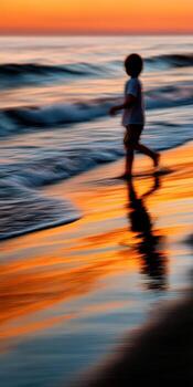 Child walks along the shore at sunset, creating beautiful reflections photo