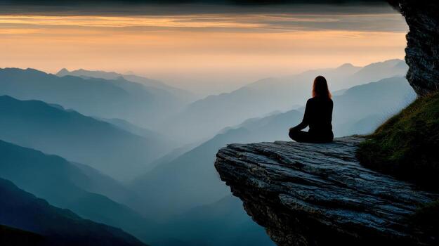 Meditation at dawn on a mountain overlook in tranquil nature photo