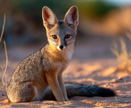 Fennec fox resting in a sandy desert landscape during golden hour photo