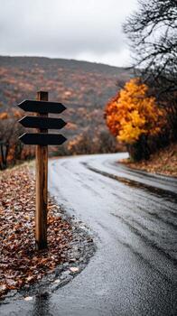 Scenic autumn road with directional sign and vibrant foliage along the way photo