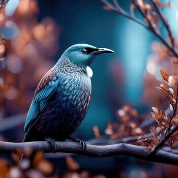 Colorful bird perched on a branch surrounded by autumn leaves photo
