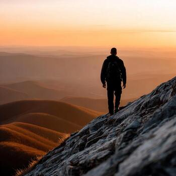 Hiker enjoys a stunning sunset view from a mountain peak photo