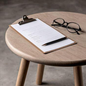 Clipboard with form, pen and glasses on a round wooden table indoors photo