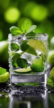 Refreshing mojito drink with lime and mint on a table photo