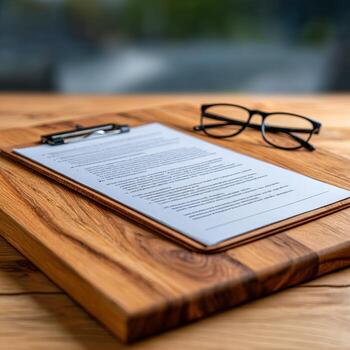 Important document sits on clipboard, eyeglasses nearby on table photo