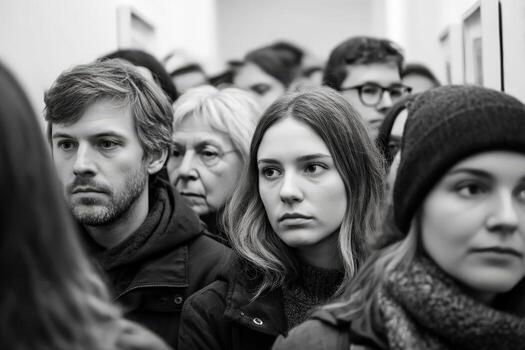 Crowd of people attentively viewing artwork at Gallery exhibit photo