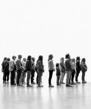 Group of people standing in line looking at art in museum photo