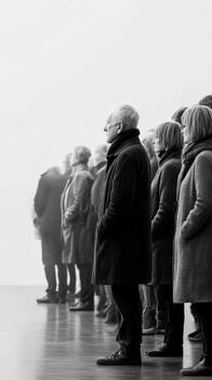 People standing silently in a line at a gallery or museum photo
