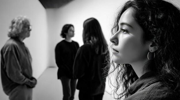 Woman observes art displayed at an art gallery during daytime photo
