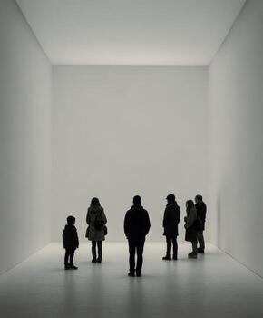 People observe art in a bright, white art gallery space photo