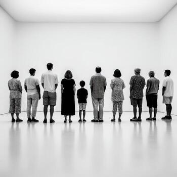 People stand in front of wall in modern white art gallery photo