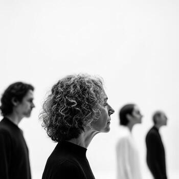 People stand in line in a stark white room looking off to the side photo