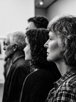 People standing in line at an art gallery viewing artwork photo