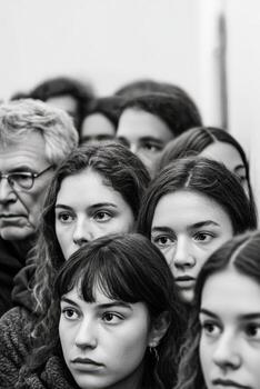 Group of people stare forward in black and white portrait photo