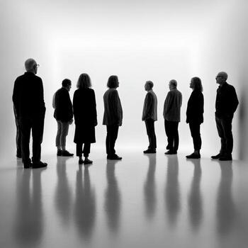Silhouettes of people standing against bright background in Studio photo