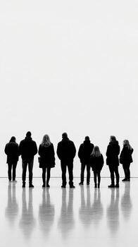 Group of people viewing art in a gallery, black and white photo