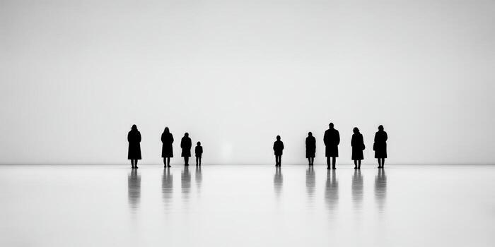 Silhouettes of people standing in front of a large white wall photo