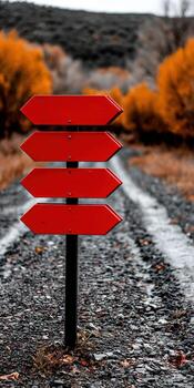 Directional signpost on a gravel path surrounded by autumn trees photo