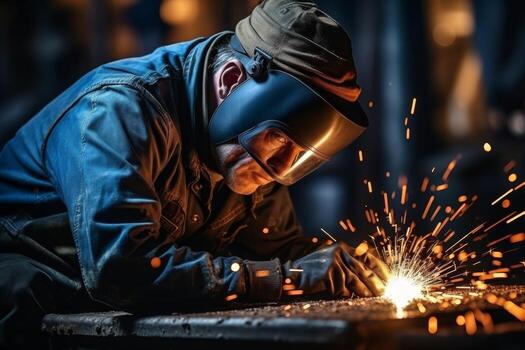 Professional welder welding medium-sized pipe with blue light close-up in high resolution photo