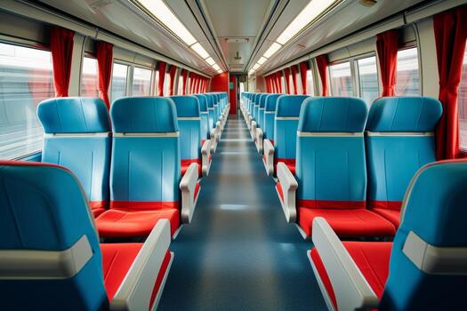 Interior of a modern passenger train with rows of blue chairs and red carpet in the middle photo